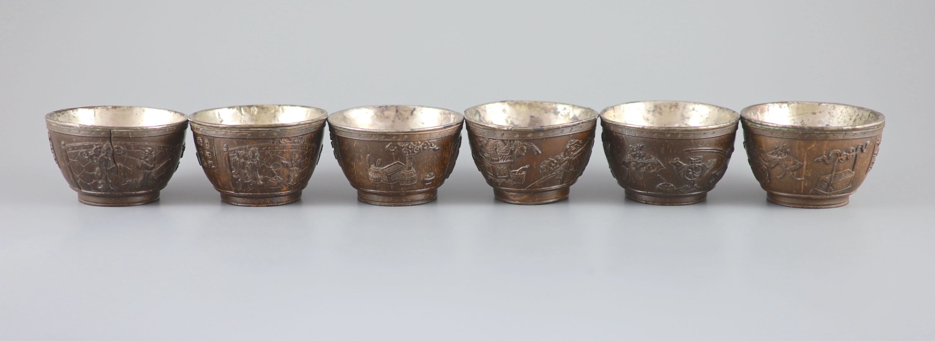 A set of six Chinese coconut cups, 18th/19th century, 8.3 cm diameter